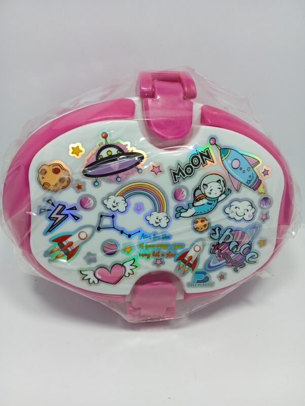 pink space theme kids lunch box with cartoon rocket and moon design karachi