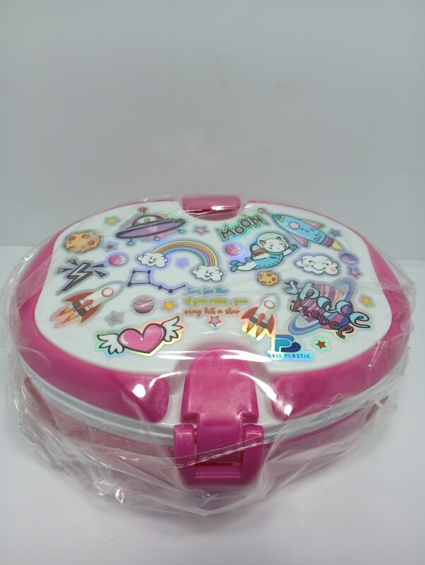 pink space theme kids lunch box with cartoon rocket and moon design karachi