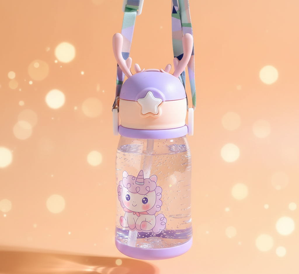 "Purple unicorn water bottle with antlers and shoulder strap for kids school Karachi" "Purple unicorn water bottle with antlers and shoulder strap for kids school Karachi"