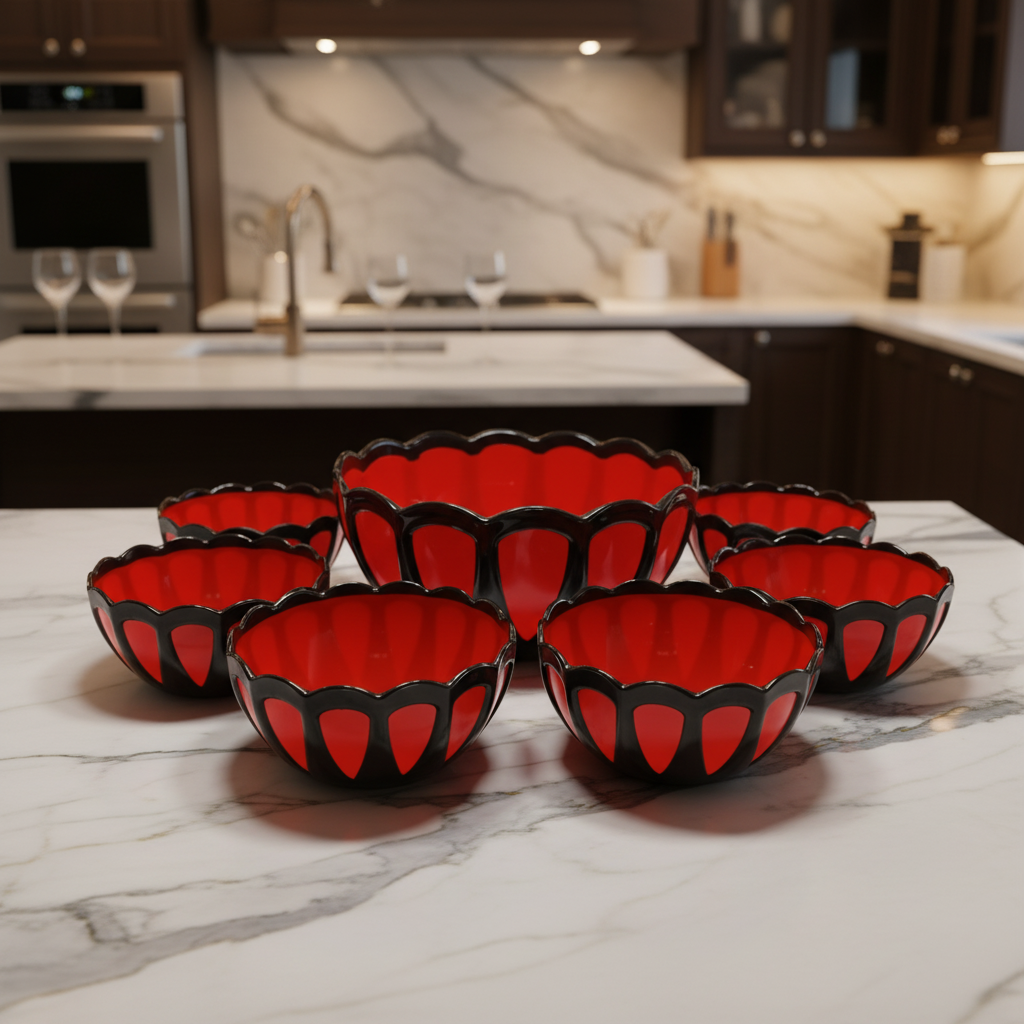 Plastic Bowl Set (7 Pcs) – Red & black Color Plastic Bowl Set (7 Pcs) – Red & black Color