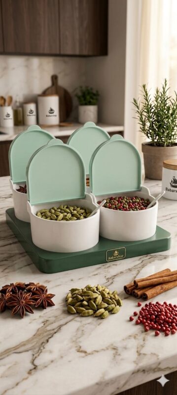 4-Grid Masala Jar – Stylish Spice Organizer Box for Modern Kitchens