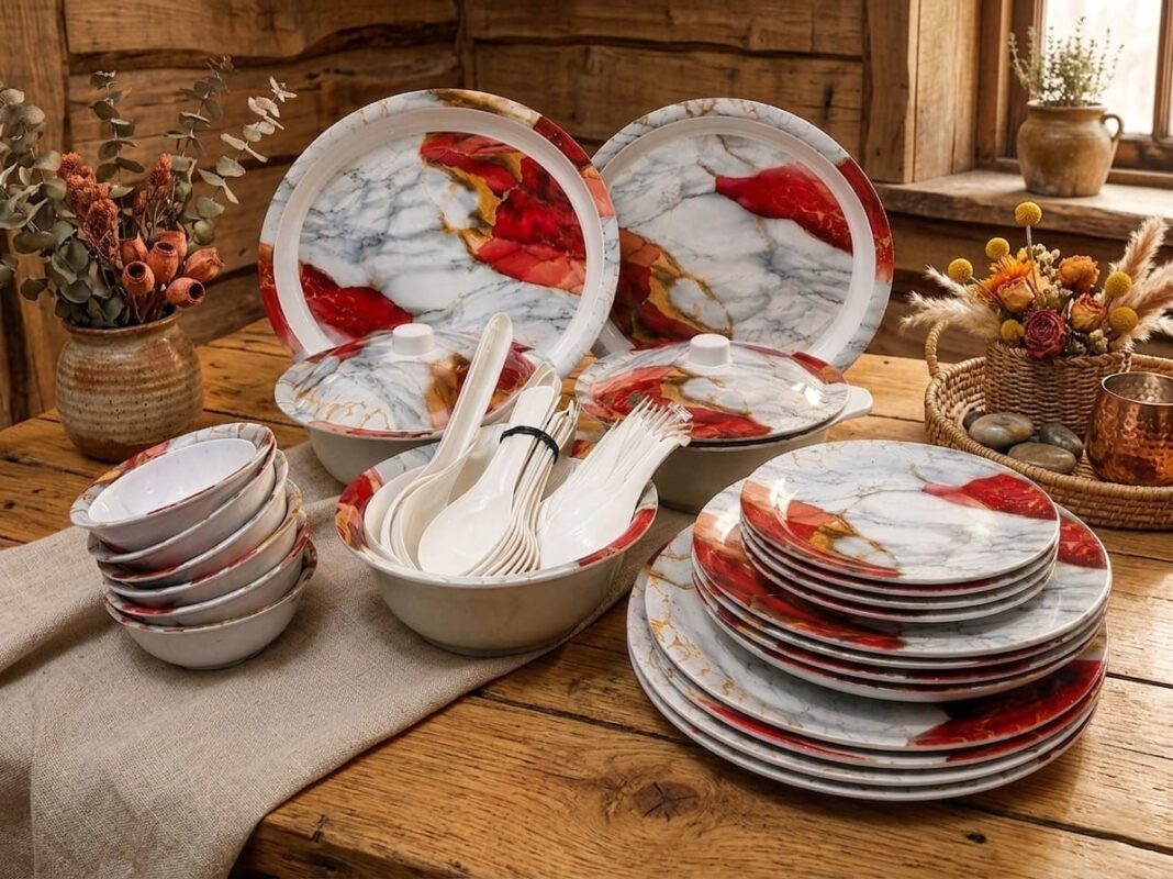 red marble melamine dinner set Karachi white gold design Babar Shop 2026