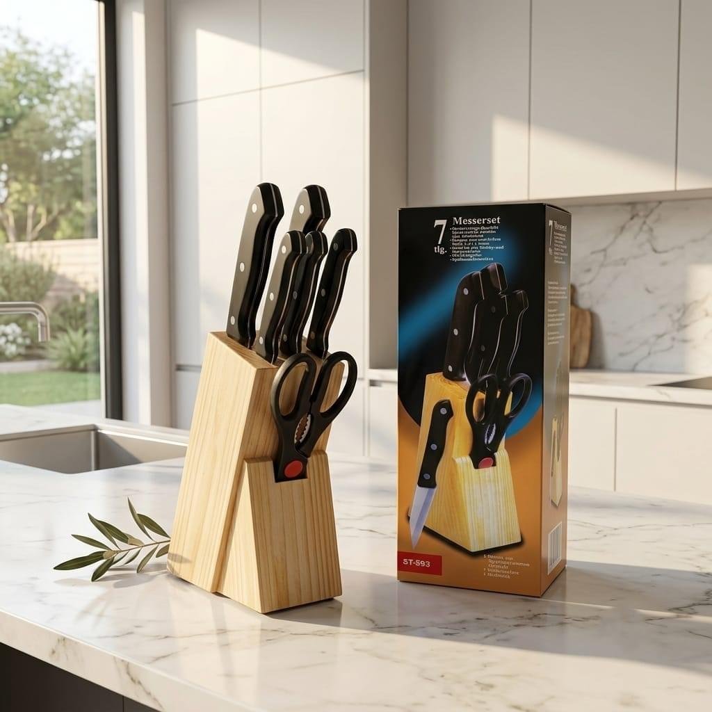 7 Piece Kitchen Knife Set with Wooden Block price in Karachi — Black Handle ST-593 | Rs. 1,795 COD